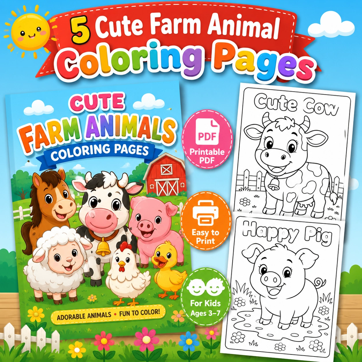 Cute Farm Animals Coloring Pages Printable PDF for kids ages 3–7.