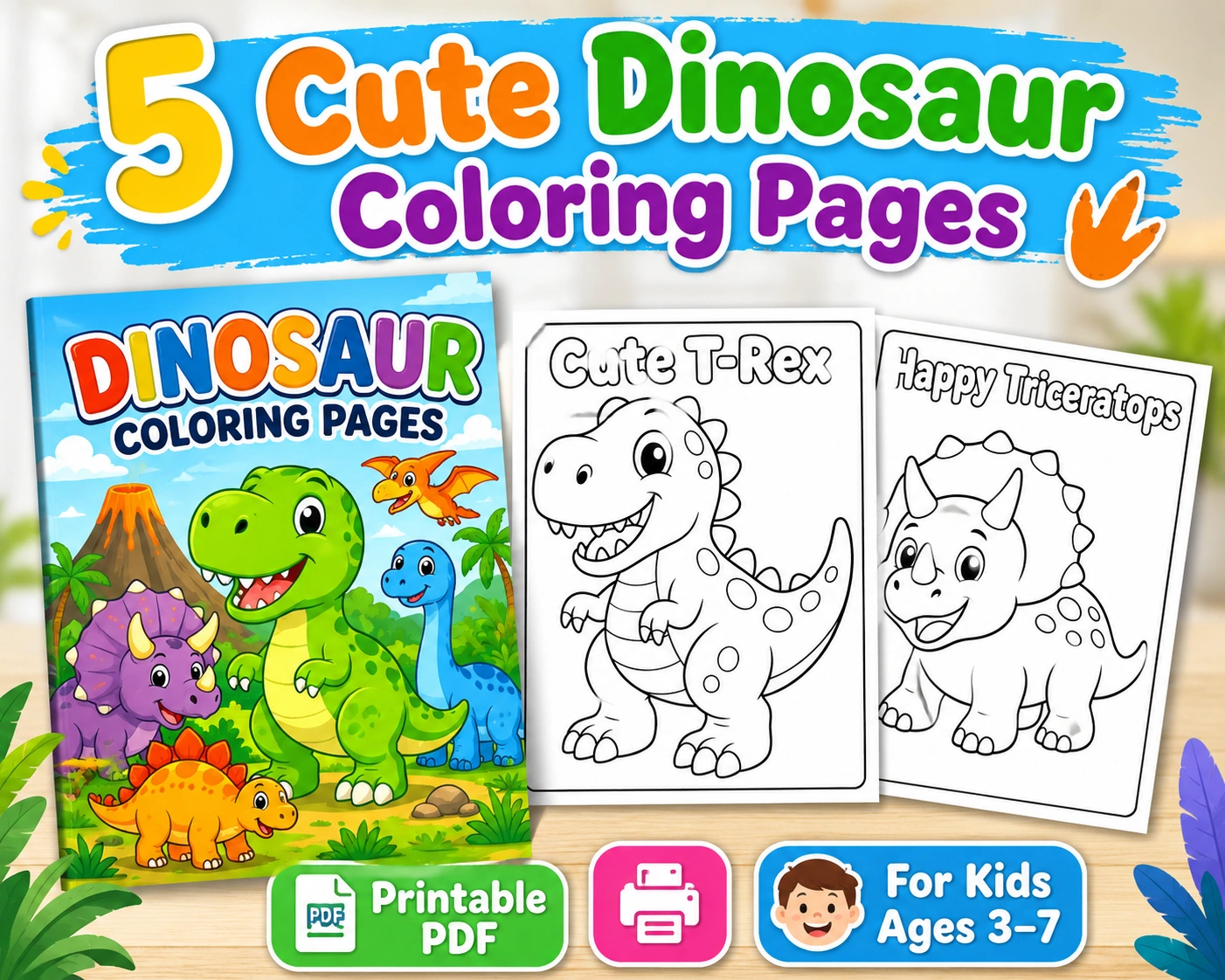 Cute Dinosaur Coloring Pages Printable PDF for kids ages 3–7.
