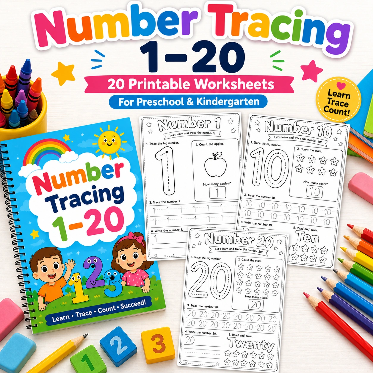 Make learning numbers fun with these Number Tracing Worksheets 1–20 Printable PDF pages for preschool and kindergarten kids.