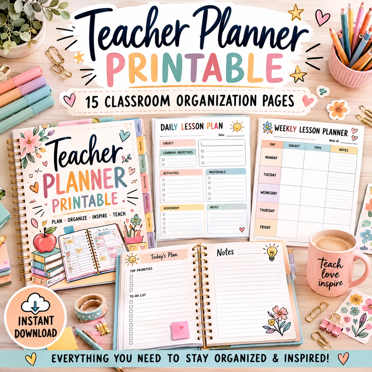 Teacher Planner Printable | Classroom Planner PDF | Lesson Plan Template | Teacher Organizer | Weekly & Daily Planner | Instant Download