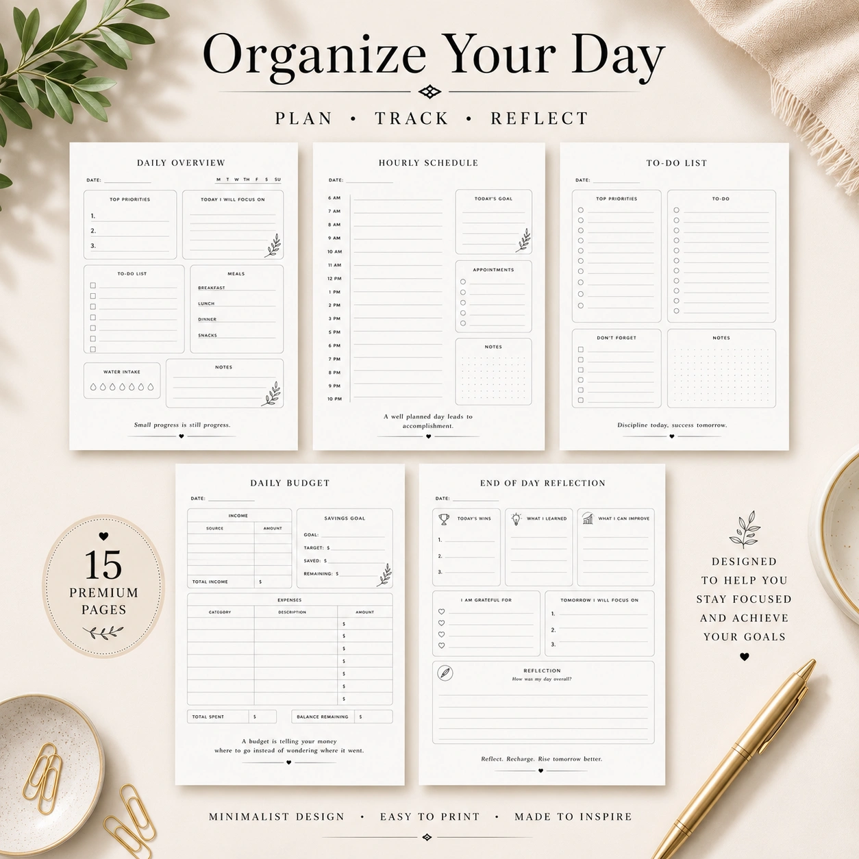 Daily Planner Printable PDF | Minimalist Productivity Planner | To Do List | Wellness Planner | Instant Download | A4 US Letter