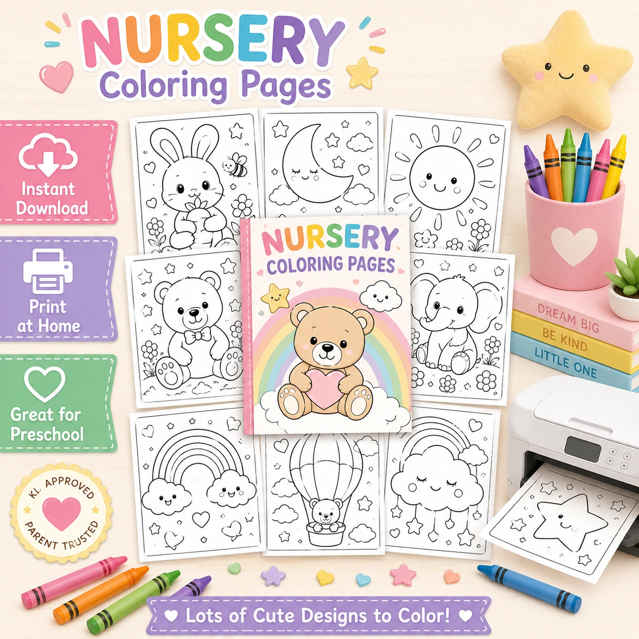 Nursery Coloring Pages for Kids, Printable Coloring Book, Preschool Coloring Pages, Baby Animals Coloring Sheets, Instant Download PDF
